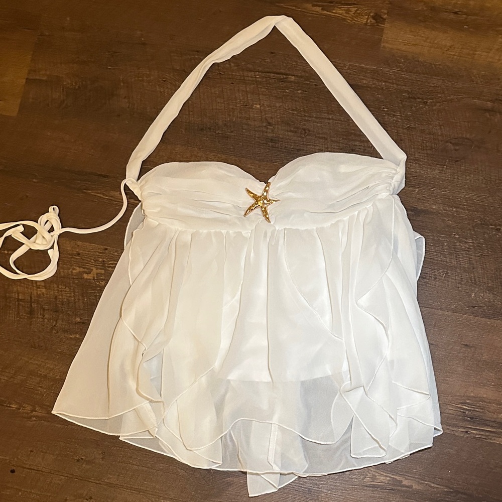 White Halter Ruffle Camisole with Gold Star Accent